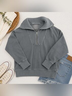 Aerie Gray Washed Oversized Quarter Zip Ribbed Collar Sweatshirt XS